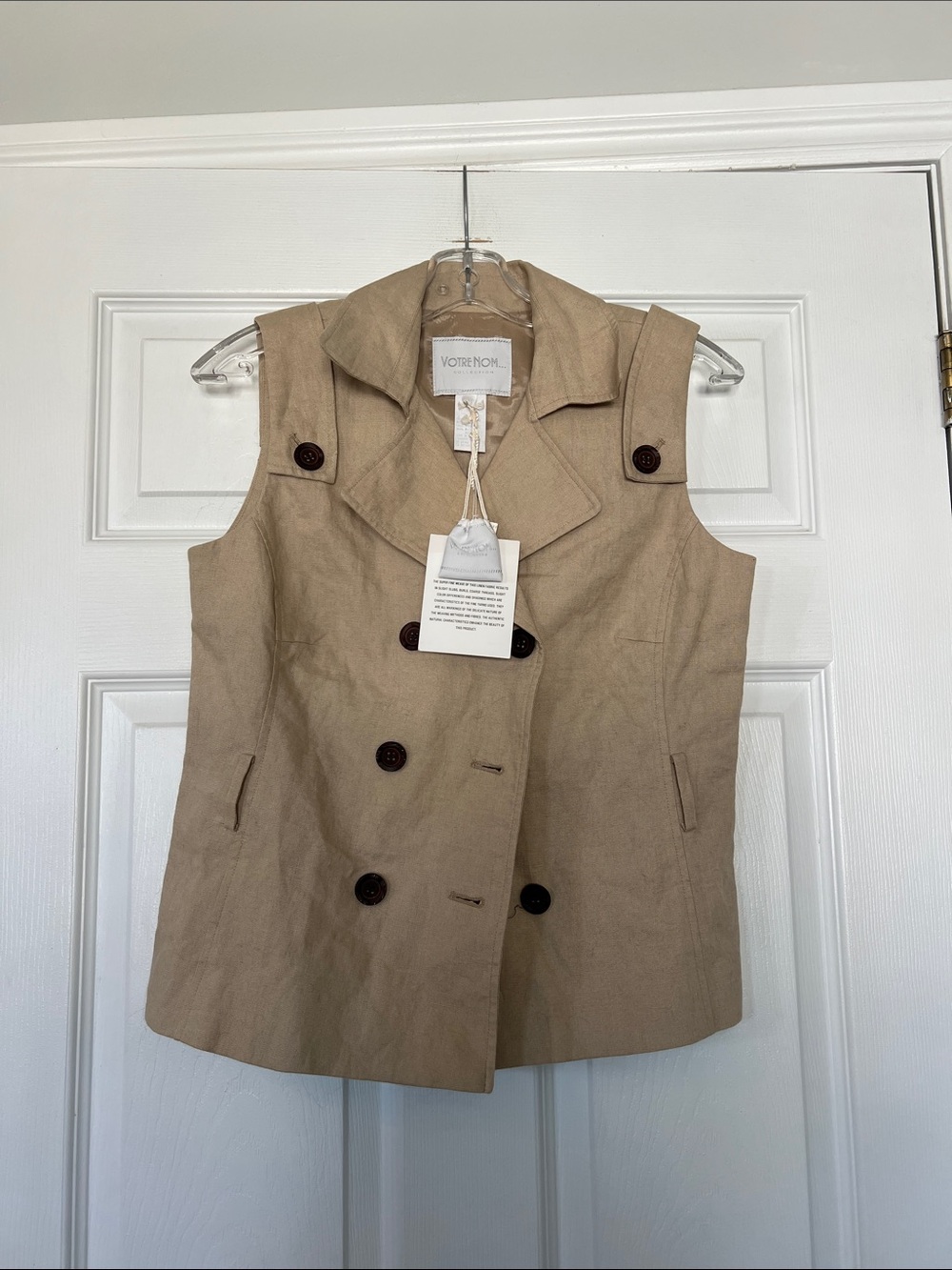 VOTRE NOM Double-Breasted Sleeveless Trench Vest in Taupe